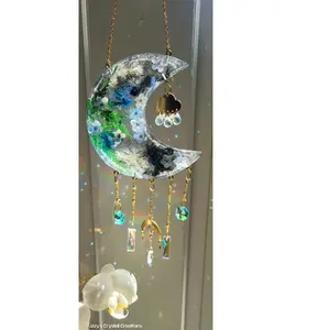 Lizzy's Crystal Creations Handmade "Forget-Me-Not" Moon Suncatcher With Real Preserved Forget- Me-Not And Various Other Flowers For Bedroom And Housewarming Decor - Rainbow Maker Wall Ornaments Gift