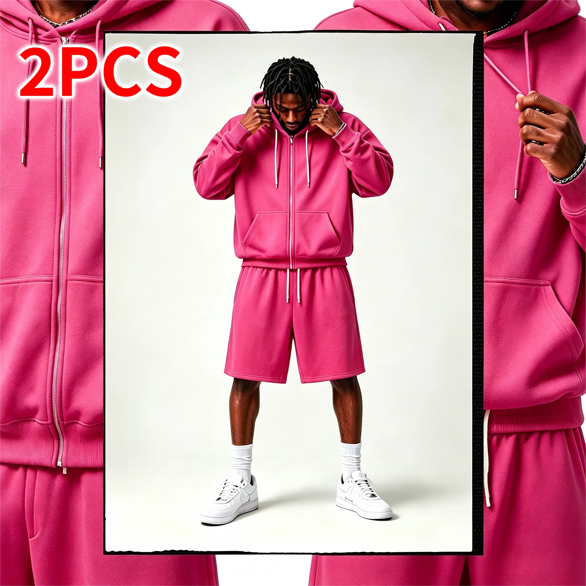 Men's spring & autumn tracksuit, solid color zip-up hoodie + loose athletic shorts set. Suitable for everyday wear, going out, workouts, and staying at home. Matching hip-hop street-style outfit