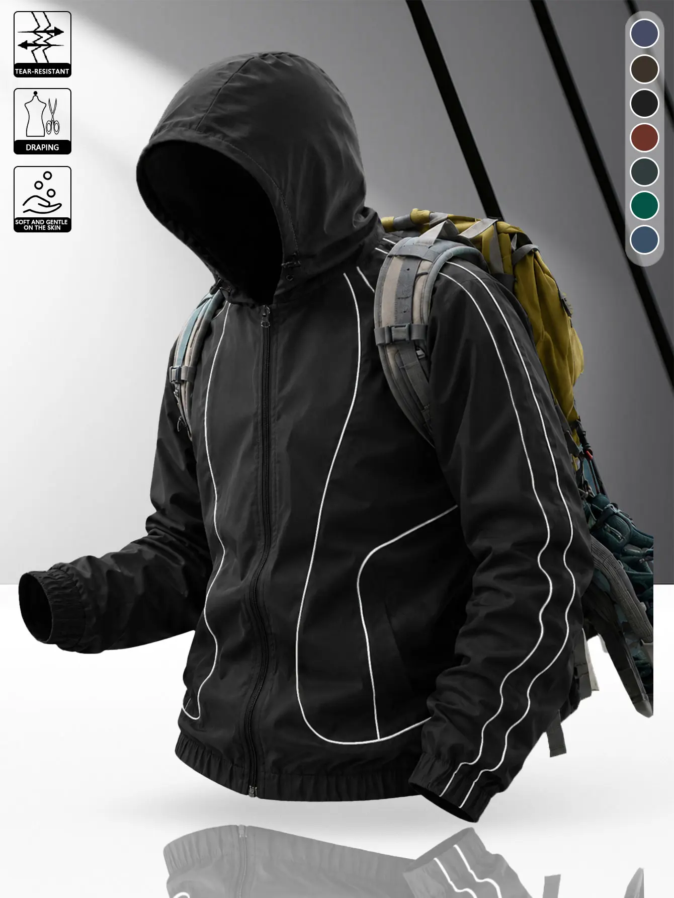 Men's windproof waterproof jacket, breathable outdoor hiking coat, foldable hat design, lightweight and durable, all-weather use, suitable for spring and summer in thin styles.