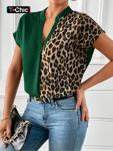 Women's Color Block Leopard Print Asymmetrical Blouse, Shirt, Tops, Notch V Neck, Batwing Short Sleeves, Lightweight Breathable Draped Woven Fabric, Daily Casual Commute Office Date Wear