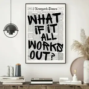 1PC Modern Poster - "What If It All Works Out ?" Black Positive Quote Printed on Newspaper Background, Decorative Poster, Canvas Wall Art