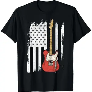 Cotton Streetwear Graphic Tees Casual Round Neck Shortsleeve Fashion Lets Rock Rock n Roll Guitar USA Flag Music T-Shirt