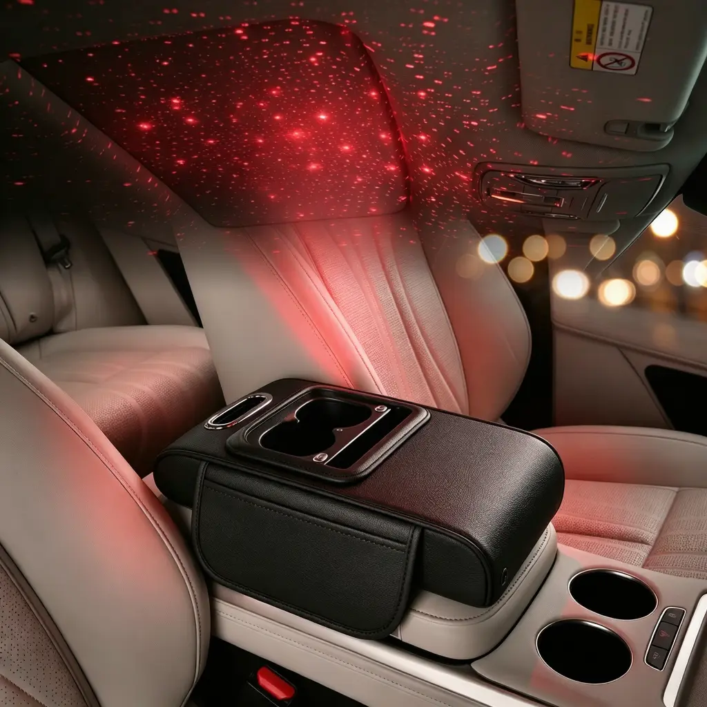 Car armrest storage bag, multi-functional 6-in-1 mat, suitable for car armrests, car storage bags, car center console organizers, and includes cup holders and phone holders, Ambient Light，Dual Type-C Charging Ports ideal for long-distance driving trips.