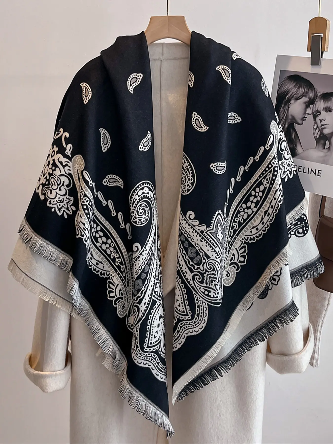 Women's Double-Sided Plant Print Boho Style Scarf Wrap, Classic Fashion Soft Warm Polyester Shawl, Casual Style, Fall & Winter Wear, Warm Woven Fabric