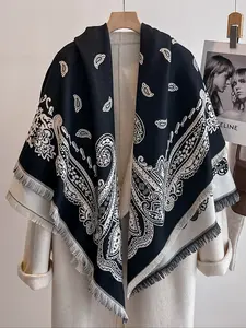 Women's Double-Sided Plant Print Scarf, Classic Fashion Shawl, Casual Style, Fall & Winter Wear, Warm Woven Fabric
