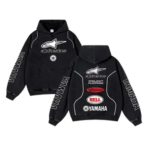 Retro Alpinestar Yamaha Racing Washed Hoodie Bell Helmet AKRAPOVIC MotoGP World Champion Enthusiast Apparel Streetwear Akrapovic Shoei Helmet Racing Team Super Motorsports Clothing Riders Motocross Off-Road Dirt Bike Fan Gear Cotton For Moto Fan