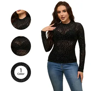 Chicovar Womens LeopardPrint Mock Neck Mesh Top, SexySheer Tshirt, Non-itchy Lace Shirt,Elegant Long Sleeve Shirt for AllSeasons, ldeal for Night Out,Holidays, Party, Concert