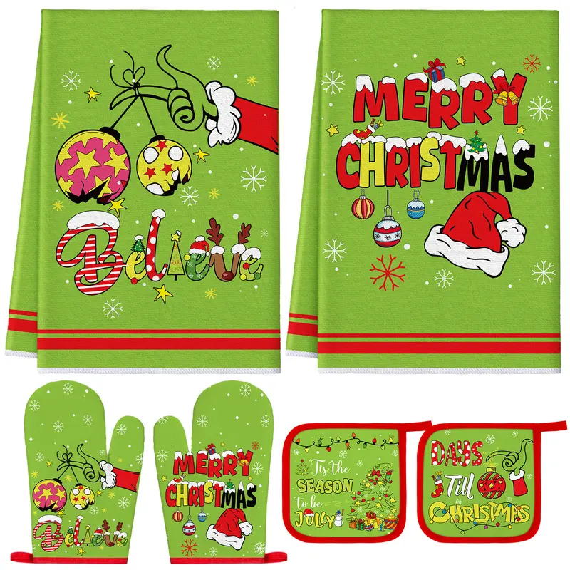 Christmas Kitchen Towel Set with Oven Mitts & Pot Holders, Festive Holiday Baking & Cooking Essentials, Farmhouse Christmas Kitchen Decor, Xmas Gift for Family & Friends