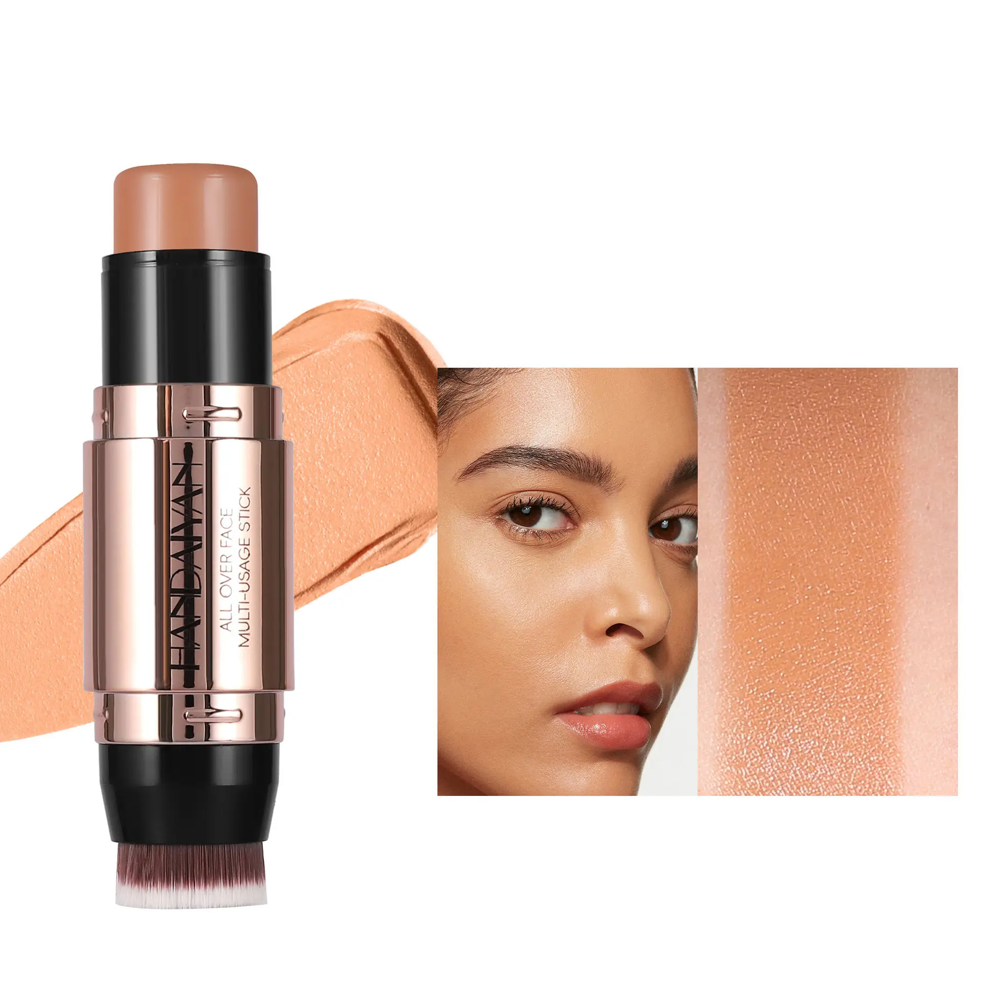 4-Piece Waterproof Cream Contour Stick Set - Highlighter, Blush & Bronzer with Golden Powder Brush - Under 1 Fl Oz Shimmery Medium Coverage for All, Daily Cosmetic Use, Lightweight