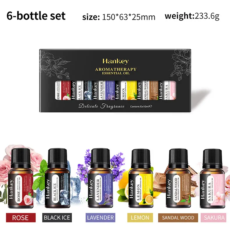 AGICEA Aromatherapy Essential Oil Drops Set - 6x10ml Therapeutic Health & Wellness Vials (Rose, Lavender, Lemon, Sandalwood, Black Ice, Sakura) - Lightweight Massage Blend for Home Therapy, Scented Oil Diffusers, Stress Relief