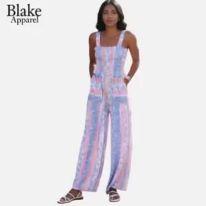 Women's Sleeveless Floral Print Smocked Overalls Jumpsuit Apparel - Strap Detail, Pockets, Lightweight Comfortable Fabric, Pastel Feminine Design for Beach, Casual Wear