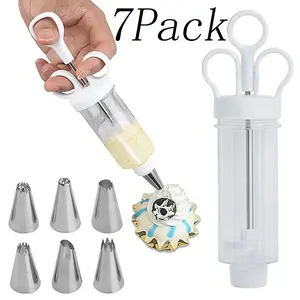 7 Pack Dessert Decorating Syringe Set,Cupcake Icing Piping Kit, Cake Decorating Kit with 6 Stainless Steel Piping Tips,for Christmas Cupcake Injector,Decorating Icing