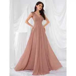 Women's Plain V Neck Chiffon Evening Dress, Elegant Glittering Shoulder Split Hem Long Dress for Party & Banquet, Ladies' Clothes for All Seasons