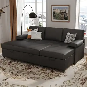 80 inch Convertible Sectional Sofa, L-Shaped Sofa Sleeper with Reversible Chaise, Faux Leather Couch Bed with Storage,Removable Armrest,Modern Pull Out Bed for Living Room Bedroom,Black