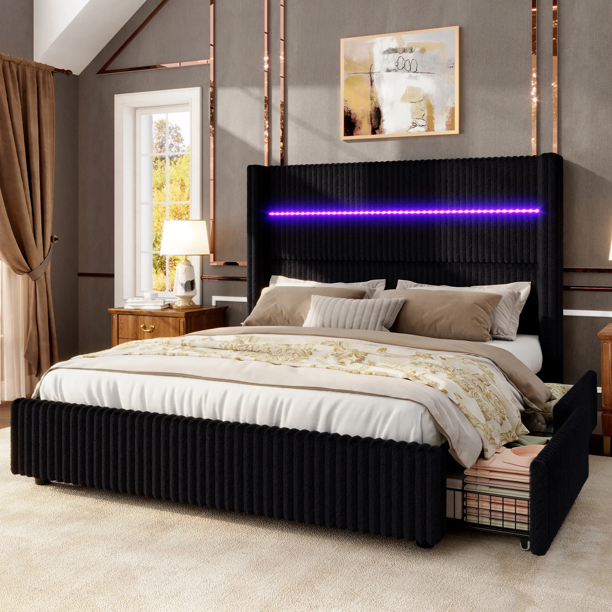AMERLIFE Full Size Corduroy Upholstered Bed Frame - 51.2" Tall Wingback Headboard, 4 Storage Drawers, LED Lighting, USB Port Charging Station, Silent, Stable, Vertical Stripe, No Box Spring Needed, Easy Assembly Required
