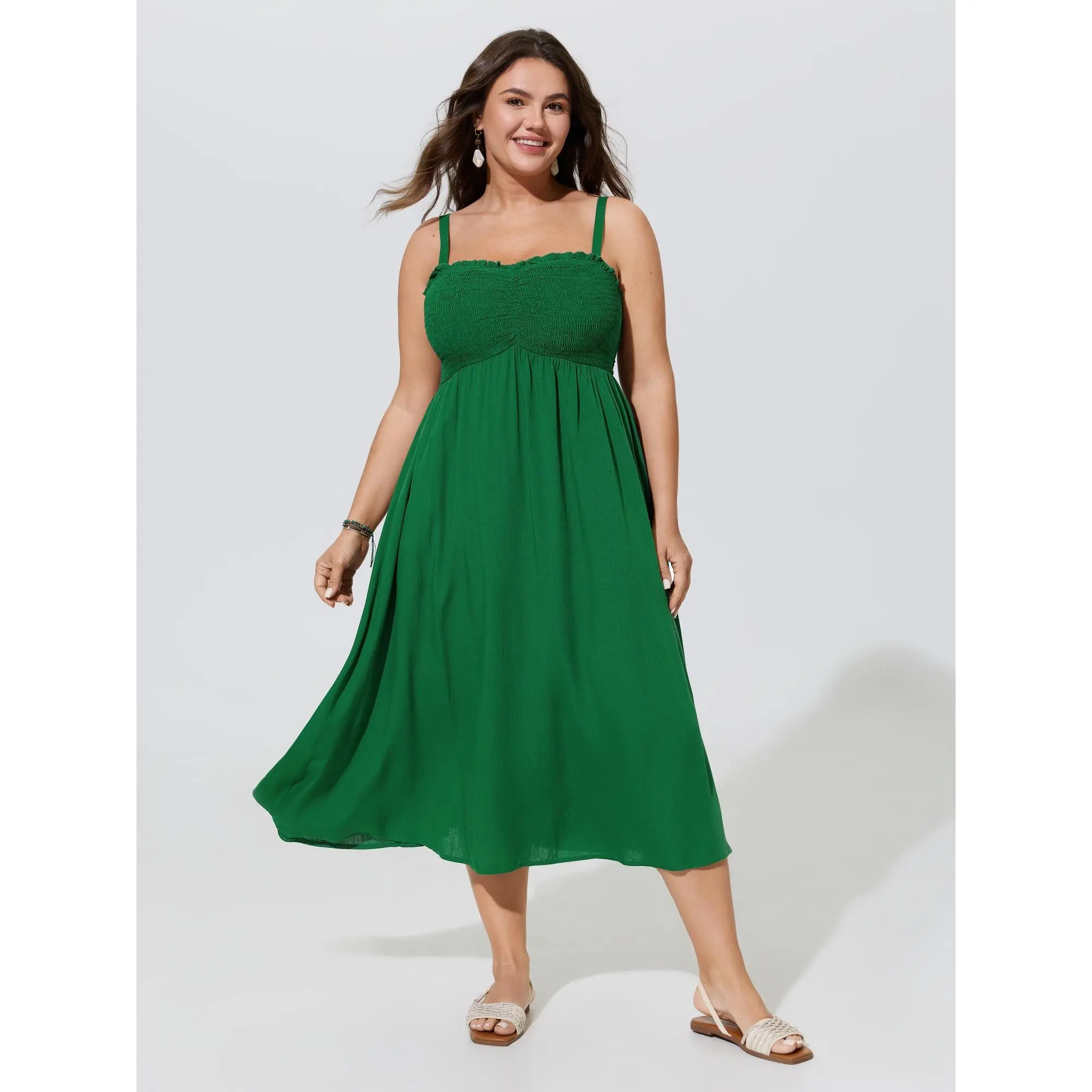 BLOOMCHIC Plus Size Supersoft Square Neck Solid Shirred Midi Dress[M-6X] Summerfinds, Smooth, Garment