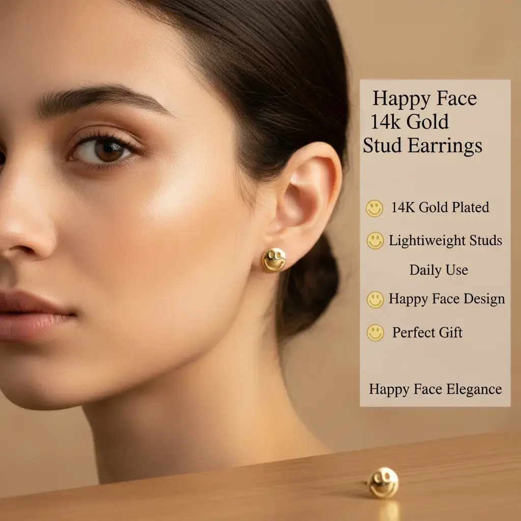Amtiari Happy Face Earrings – High Quality 14K Gold Plated Lightweight Studs for Daily Use
