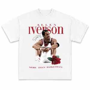 Allen Iverson More Than Basketball Casual Graphic Print Short Sleeve Crew Neck T-Shirt,Vintage Basketball Legend Graphic Tee For Men Retro Sports Streetwear T Shirt 90s Style Oversized Casual Summer Graphic Tees Trendy Athletic Fashion Shirt white