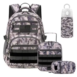 Similove Camo Backpack for Boys, Boys Tactical Backpack with Lunch Box and Pencil Case, Kids Military Army Bookbag for Kindergarten Elementary School Bag Travel Camping, S