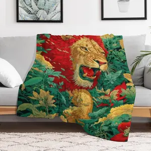 Vibrant Jungle Lion Flannel Throw – Bold Red Mane Animal Art Decor