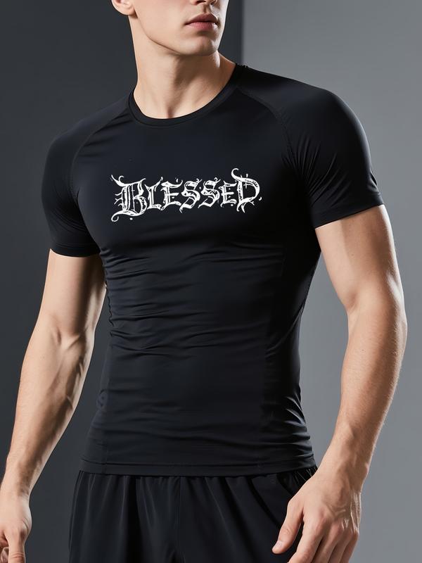 Men's Graphic Compression Workout Shirt - “BLESSED” Goth Angel Wings Tee, Stretch Breathable Quick Dry Athletic Fitted for Gym & Casual Streetwear, Trending Fitness Motivational Top