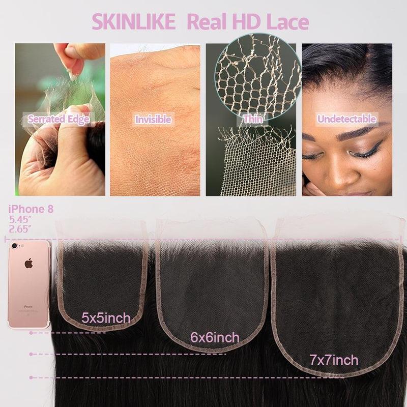 WOWANGEL 6x6  7x7 SKINLIKE Real HD Lace Closure Only, 0.10mm Ultra-thin Invisible Lace Pre-Plucked Bleached Knots Natural Black Human Hair 18 Inch Valentine's Gift