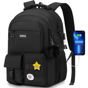 kadilong 15.6 Inch Cute Laptop Backpack for Girls & Teens, Large Capacity School Backpack with USB Charging Port, DIY Badges & Pom Pom Keychain, Water Resistant Bookbag for Middle/High School, College Students, Daily Use, Travel & Commute