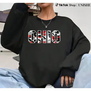 Unisex Casual Ohio State OHIO Sweatshirt with Distressed Camo Double Print, Easy Care Fabric