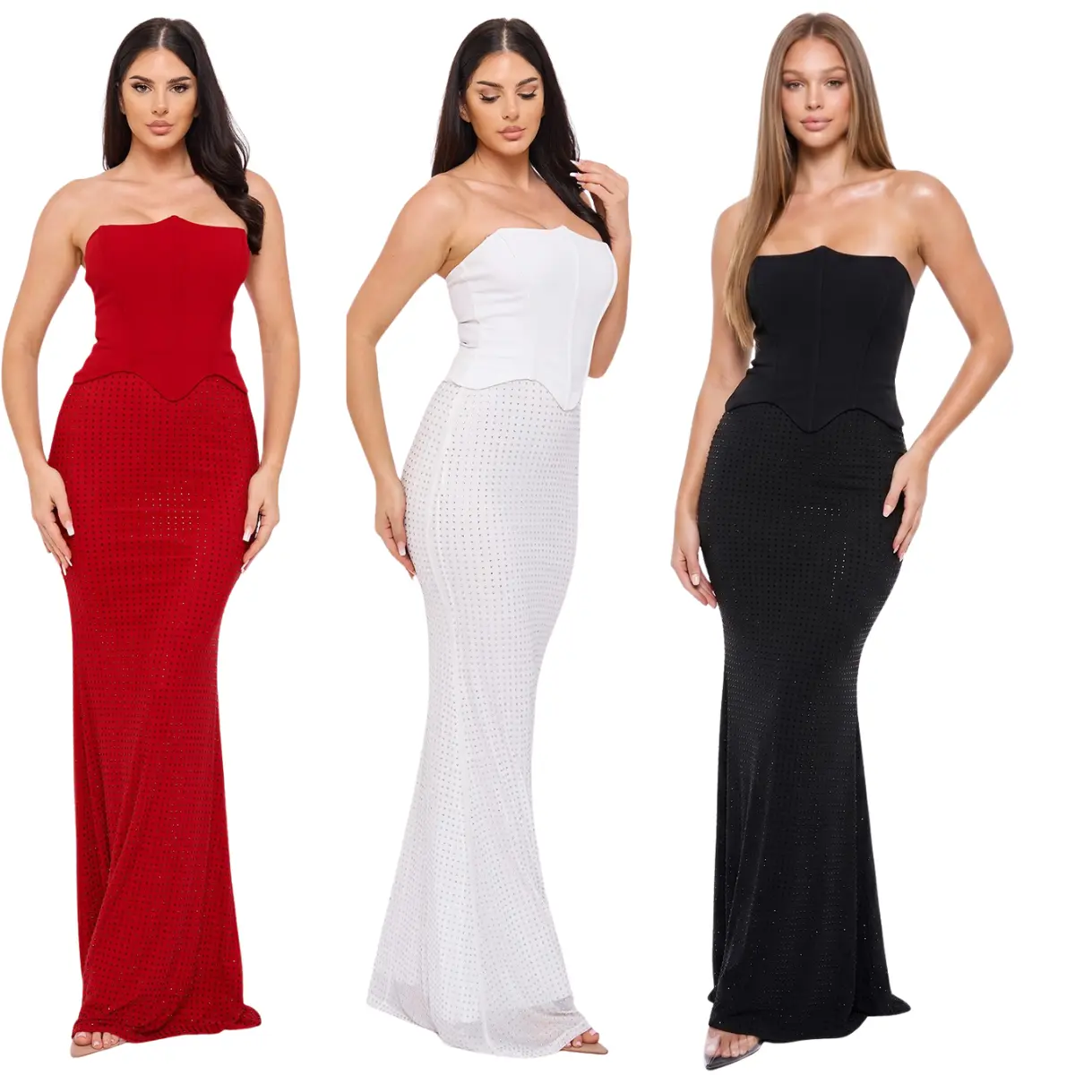 Strapless Rhinestone Mermaid Maxi Dress – Elegant Corset Formal Gown for Women Womenswear Black