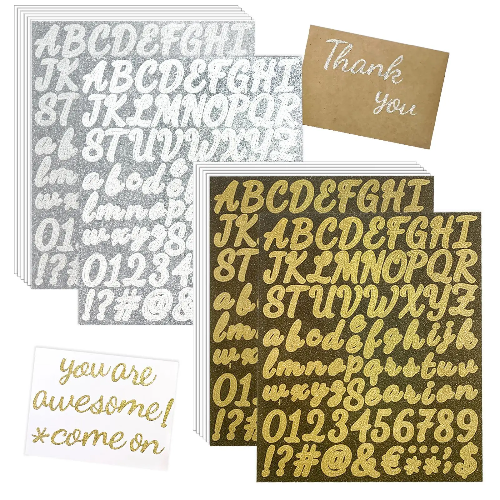 Self-adhesive Glitter Gold Silver Letter Stickers, 1008pcs/12 Sheets Alphabet Number Design Stickers, Birthday Crafts Gift Ideas, Summer for Gift