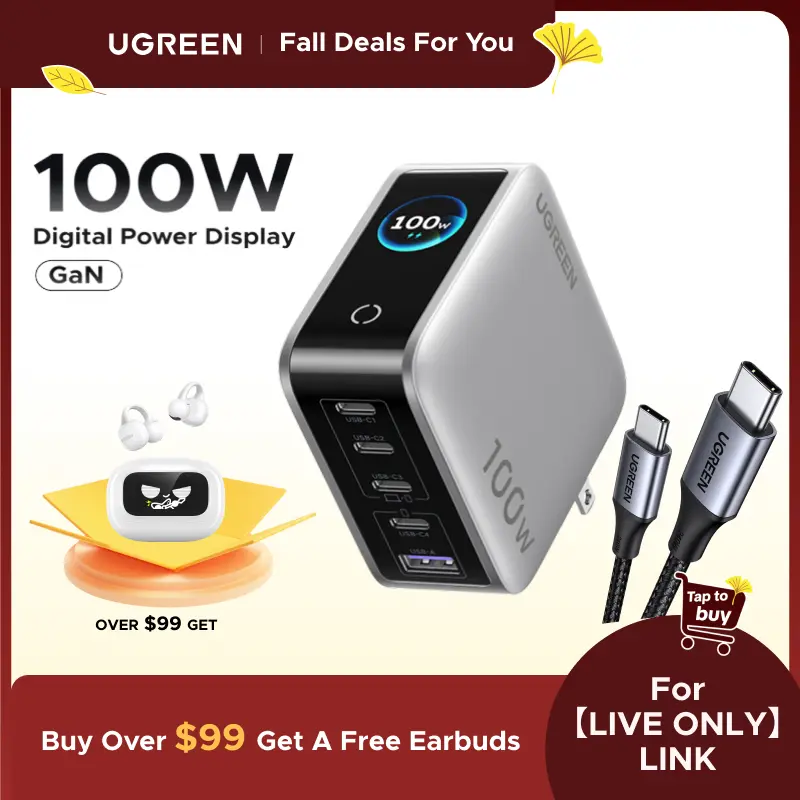 【LIVE ONLY】UGREEN Nexode Pro 100W GaN USB C Charger, 5-Port Fast Type-C Wall Charger Block with Smart Display Compatible with MacBook Pro/Air, iPhone 17/16 Series, Galaxy, iPad Pro, Steam Deck summerwins