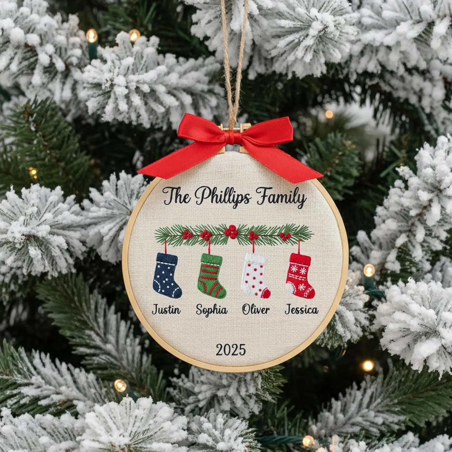 Personalized Family Stocking Embroidered Ornament, Custom Family Name Embroidery Hoop, Holiday Keepsake for Families, Christmas Tree Decoration