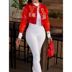 Women's Letter Patched Button Front Crop PU Jacket, Casual Drop Shoulder Long Sleeve Baseball Collar Outerwear for Fall & Winter, Ladies Clothes for Daily Wear