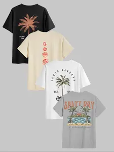 Men's Letter & Tropical Palm Tree Print Short Sleeve Cozy Loungewear Tee, Casual Comfy Round Neck T-shirt for Daily Wear, Men's Sleepwear & Loungewear for All Seasons