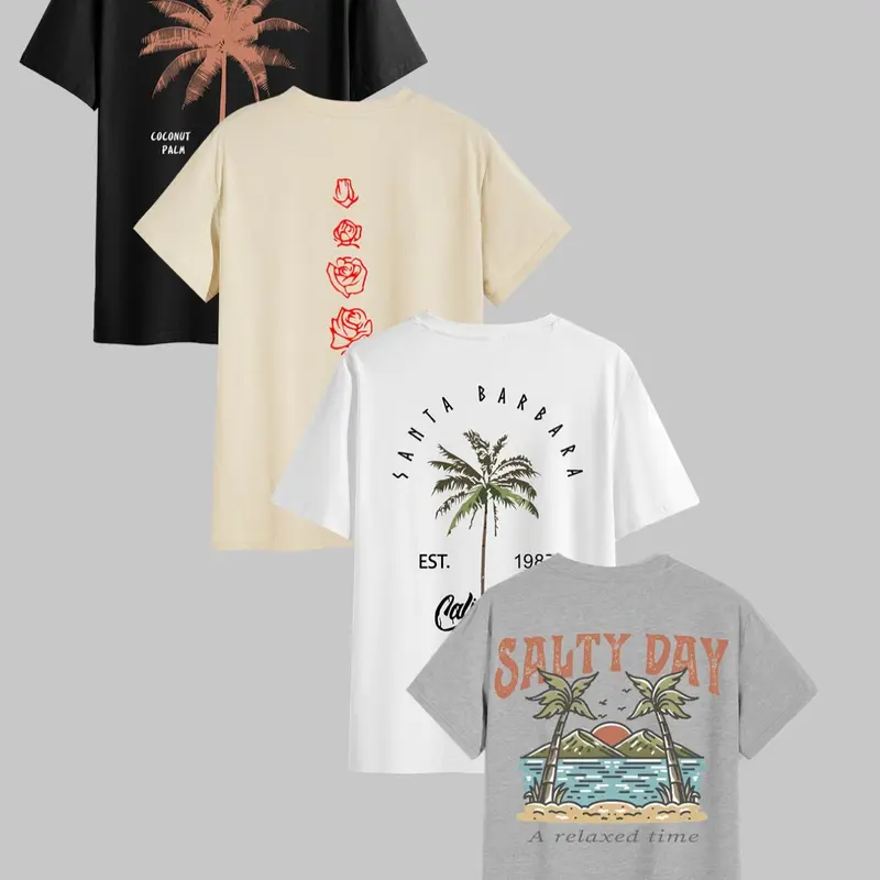 Men's Letter & Tropical Palm Tree Print Short Sleeve Round Neck T-Shirt, Casual Summer Clothing Comfy Loungewear for Daily Wear, All Seasons