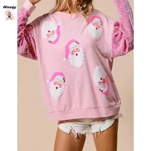 Womens Christmas Santa Sweatshirt Sequin Long Sleeve Crew Neck Pullover Tops Casual Streetwear