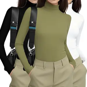 Women's 3pcs Slim Fit Turtleneck Thermal Tops - Long Sleeve Soft Ruched Crop Tees Chic Loungewear Sleepwear for Spring Fall Casual Matching