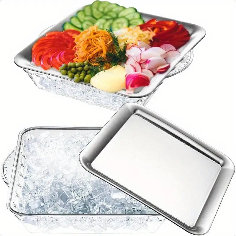 Natural Square Bone China Chilled Serving Platter Set - 2-Pack 9-inch Compartmented Square Trays with Dip Bowl for Indoor Recreation, Parties