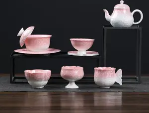 T03. Pink Gradient Glazed Ceramic Tea Set – Kung Fu teapot, cup, bowl; home tea ware