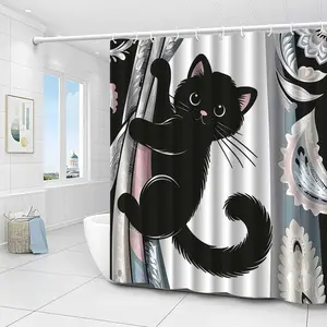 Cute Black Cat Pattern Shower Curtain High End Elegant Bathroom Curtain Shower Curtain Shower Curtain Home Decoration Pattern Partition Bathroom Additions