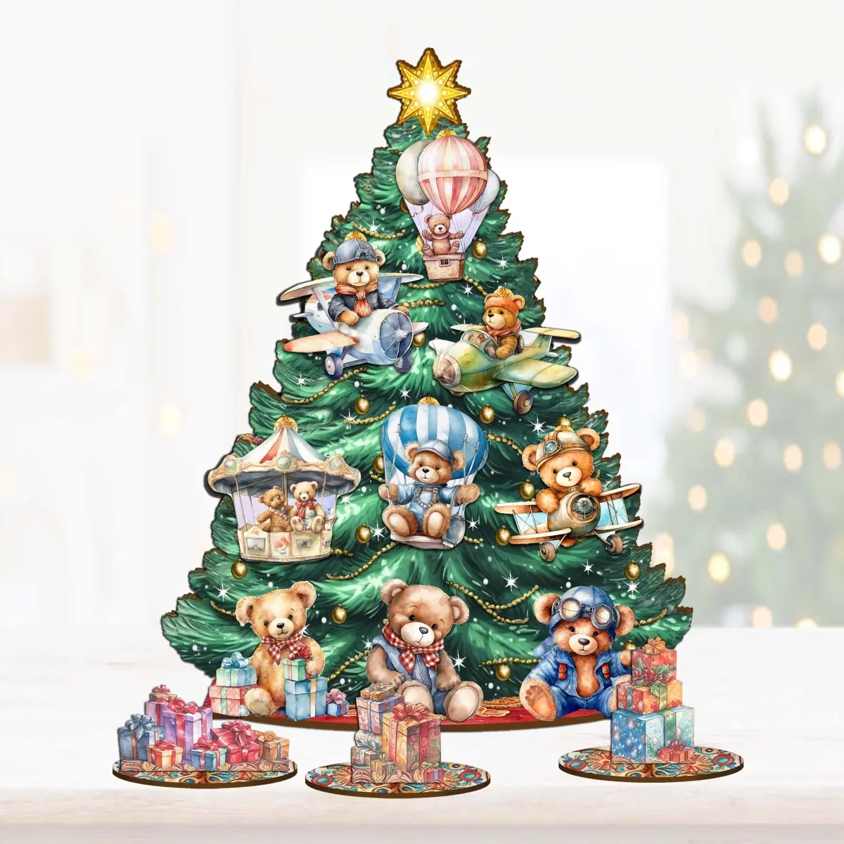Designocracy 8091508 12.5 in. Magical Wooden Teddy Bear Tree Figurines & Miniatures Tabletop Decoration Set - Light Weight Seasonal Decor with Holiday Lights for Kids, Durable Home Supplies