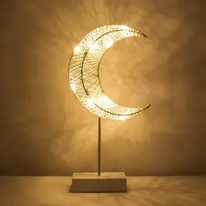 Decorative Table Lamp, Crescent Woven Bamboo Moon Star Nightstand Light, Battery Powered, Warm Color LED, Christmas Home Bedroom Decor, Rattan Led Lamps