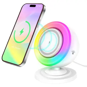 4 in 1 Bluetooth Speaker with 15W Magnetic Wireless Charger, Bedside Night Light,Touch Dimmable RGB Lights & Phone Stand for iPhone,Samsung,Perfect Gift Choice