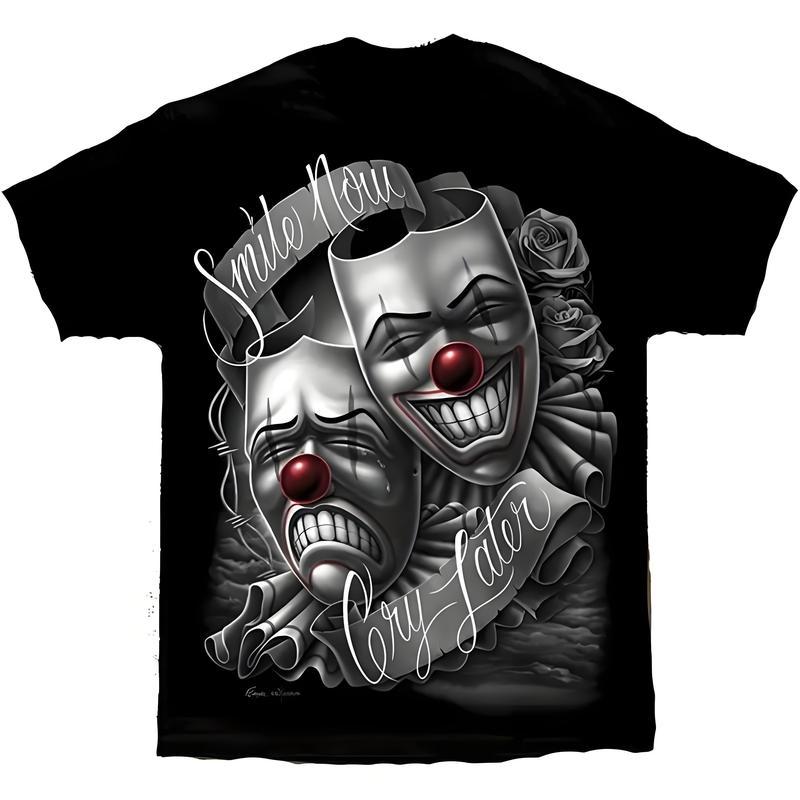 [100% cotton]DGA drama mask Lowrider Chicano art smile Now Cry Later David Gonzales casual loose comfortable t-shirt Black Crewneck