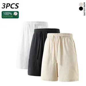 3-Pack 100% Cotton Men’s Casual Shorts, Loose Fit Drawstring Summer Shorts, Soft Breathable Cotton Linen Shorts for Men
