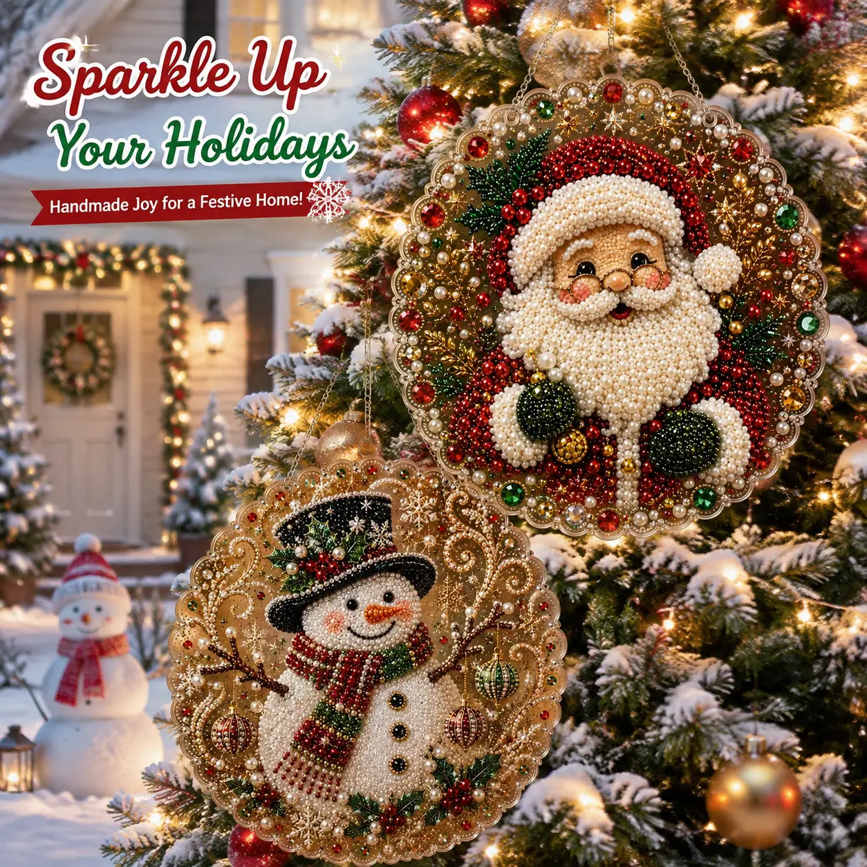DIY Christmas Diamond Art Ornament, 3D Pearl Beaded Holiday Decoration, Sparkling Handmade Xmas Hanging Decor for Home Tree Window Fireplace