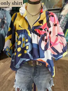 Plus Size Women's Abstract Print Lightweight Chiffon Shirt Blouse, Half Open Front Lantern Sleeve, Casual Summer Top, Beach Vacation, Daily Wear, Womenswear
