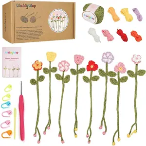 Crochet Kit for Beginners - 8 Flower Bookmarks Knitting Kit w/Step-by-Step Video Tutorials & Soft Yarn, Hook - Wobbles DIY Art Craft Kit for Adults, Birthday Gifts for Women Teen