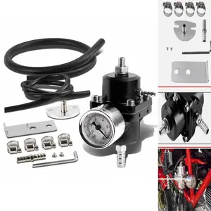 Aluminum Universal Adjustable Fuel Pressure Regulator Kit, 0-140PSI Gauge + Fitting + Hose, Black, Premium Alloy, Easy Installation for Car Performance Upgrade