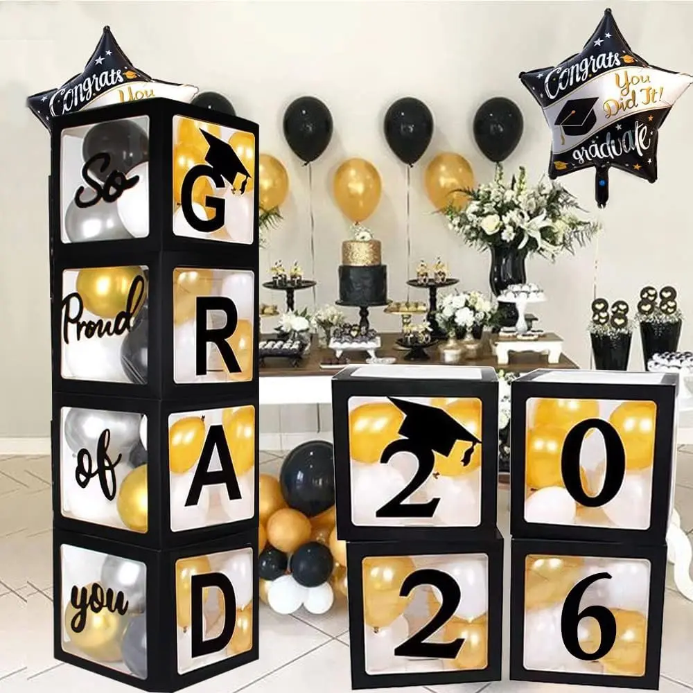 2026 Graduation Party Decoration Black Balloon Boxes with Letters 2026 Grad & So Proud of You and 20 pcs Ballons